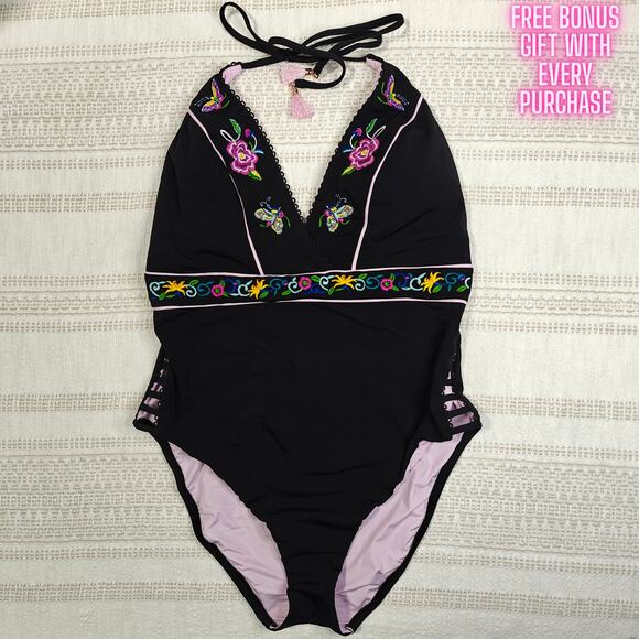 Nanette Lepore Embroidered Black One Piece Swimsuit Size 12 Tassel Detail NEW - Picture 1 of 5